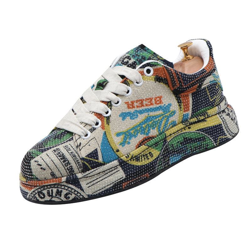 Zapatos de tabla con suela gruesa elevada y grafitis con pedrería para hombre