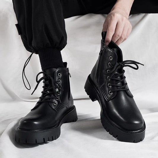 Zapatos de cuero negros de hombre de caña alta con cremallera lateral, botines tipo worker con alza