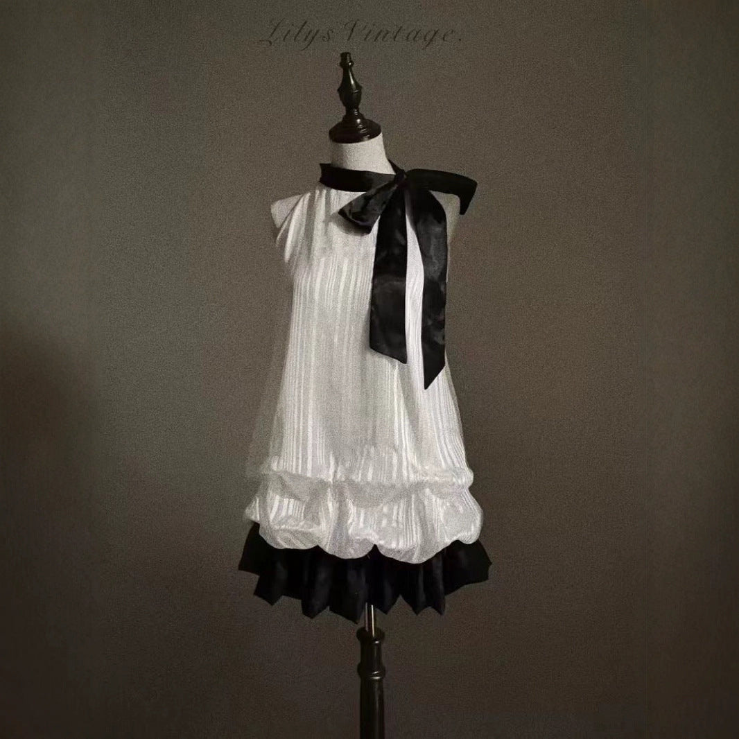 Halterneck Flower Bud Bow Patchwork Dress
