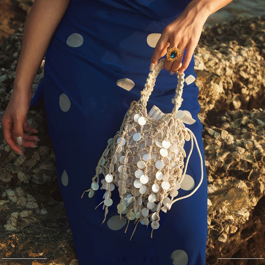 Bolso de mano elegante con forma de concha, diseño retro francés, lentejuelas, tejido, borlas y algodón-lino.