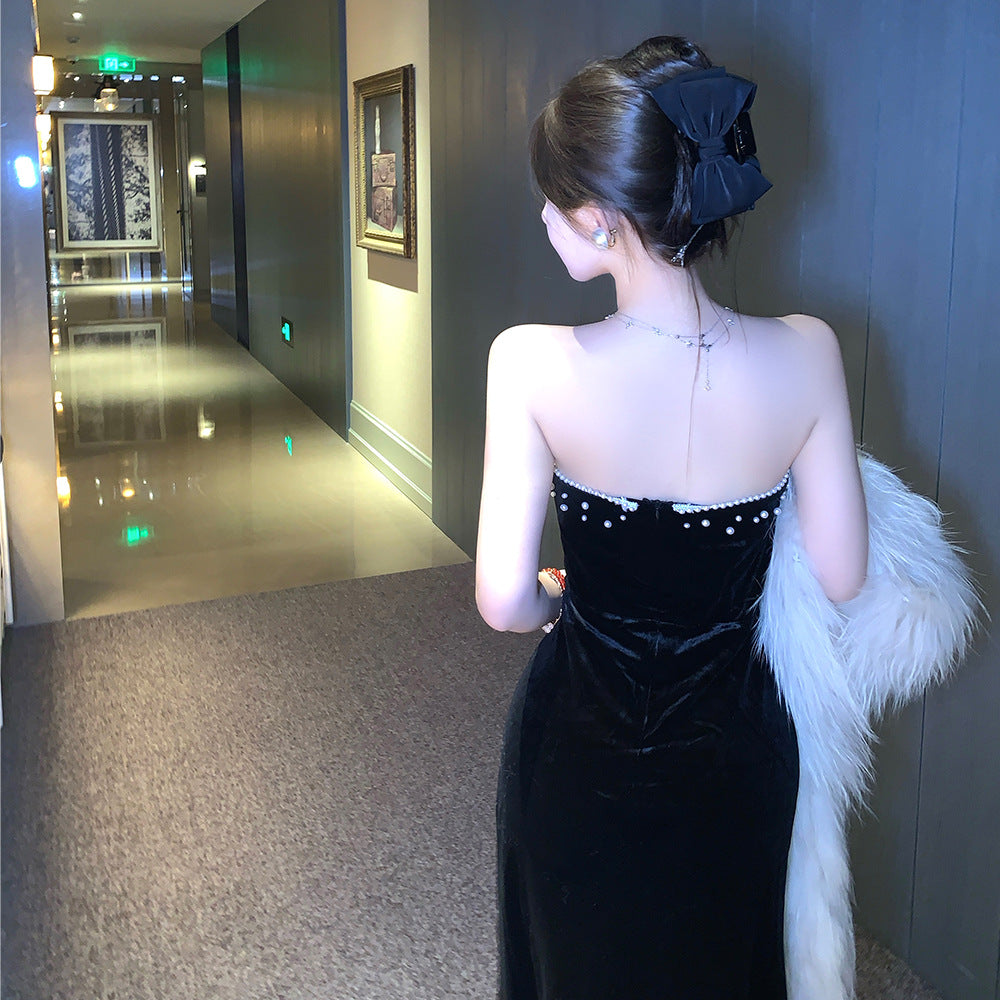 Luxury Celebrity-style Strapless Evening Gown Velvet Waist-Cinched Maxi Dress