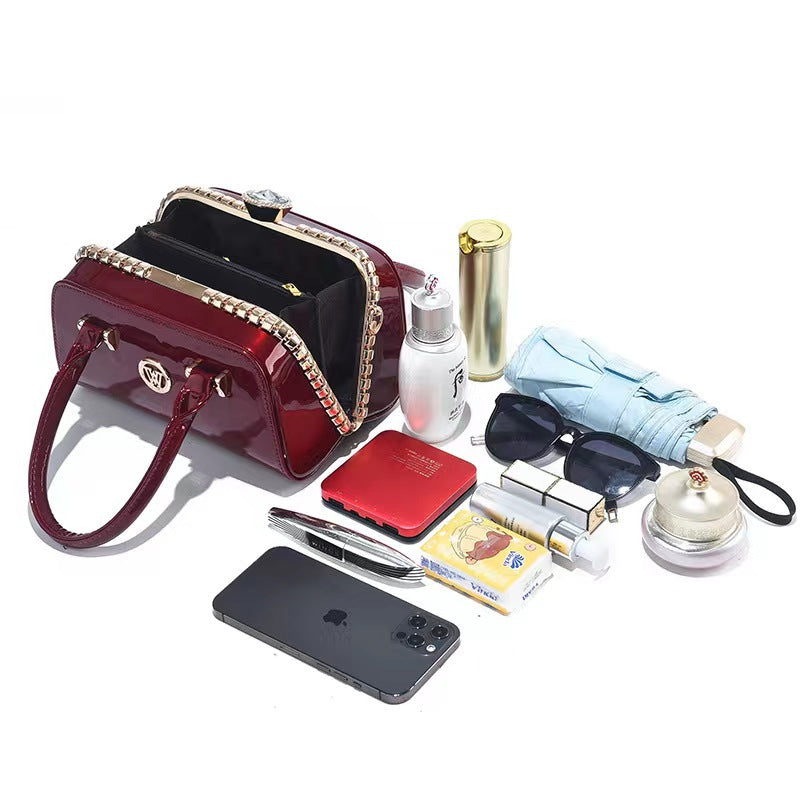 Bolso de mujer elegante y sencillo con adornos de diamantes de cuero brillante, embrague de noche multifuncional