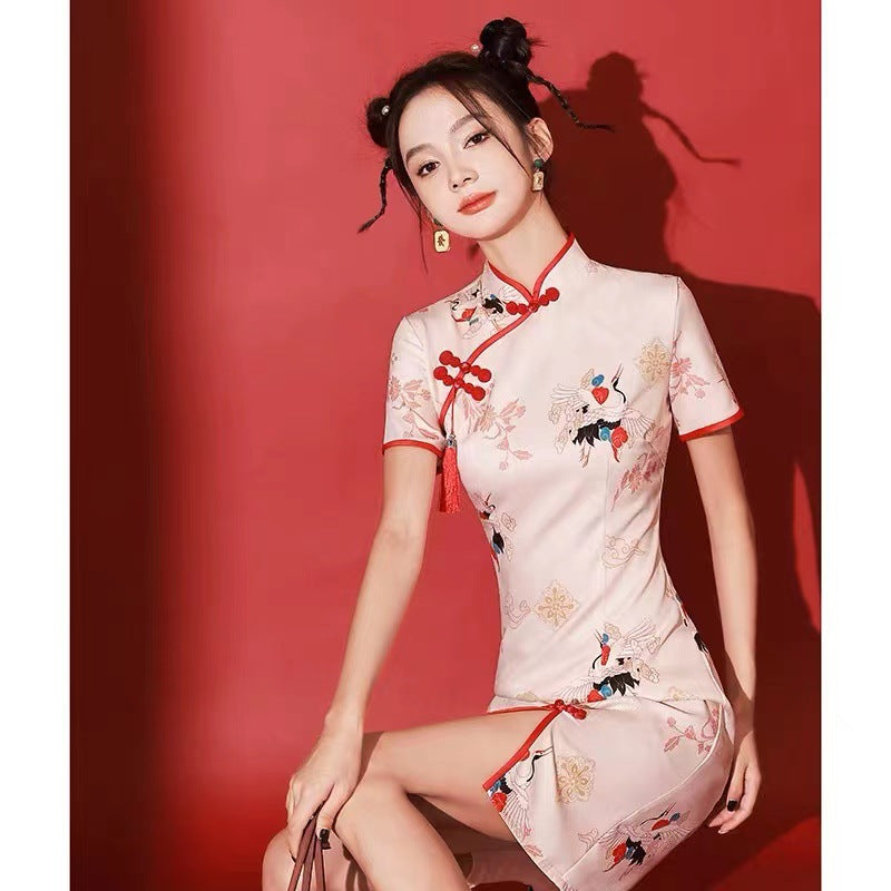 Vestido corto de dama de honor estilo cheongsam de moda nacional mejorado