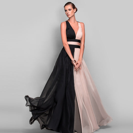 Womens Slim-Fit Sleeveless V-Neck Patchwork Dress