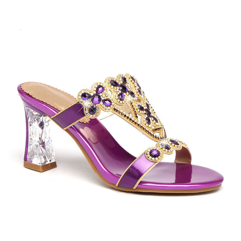 Sandalias de tacón alto con pedrería y tacón de bloque, con flores y diamantes