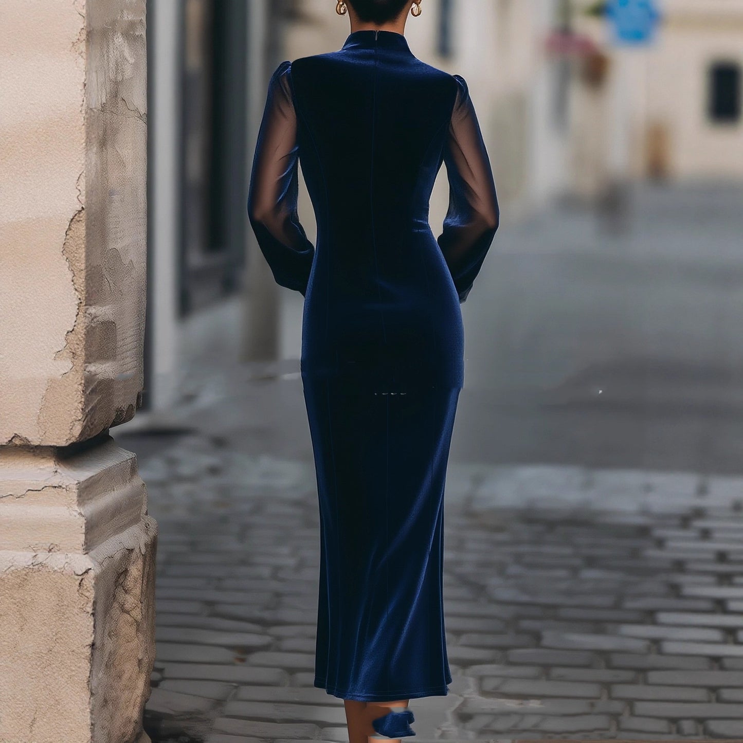 Elegant Navy Blue Waist-cinching Dress