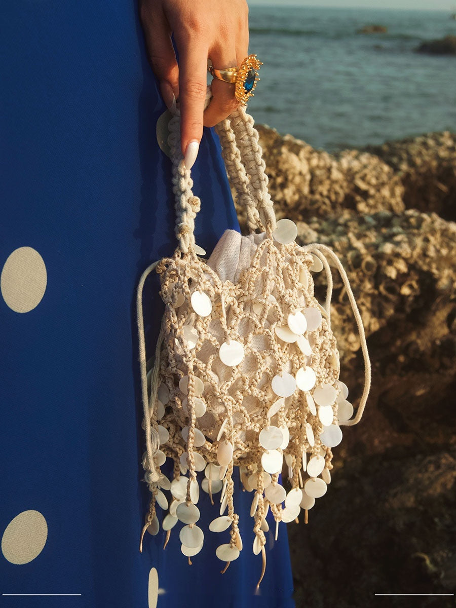 Bolso de mano elegante con forma de concha, diseño retro francés, lentejuelas, tejido, borlas y algodón-lino.