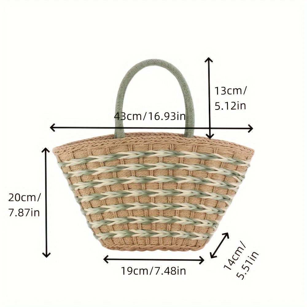 Bolso de hombro de playa tipo cesta, tejido a mano, de gran capacidad, con bloques de color para mujer, para vacaciones