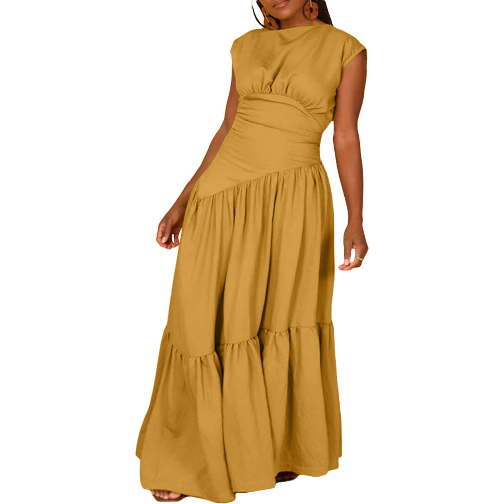 Solid Color Sleeveless Pleated Loose Big Hem Nylon Dress