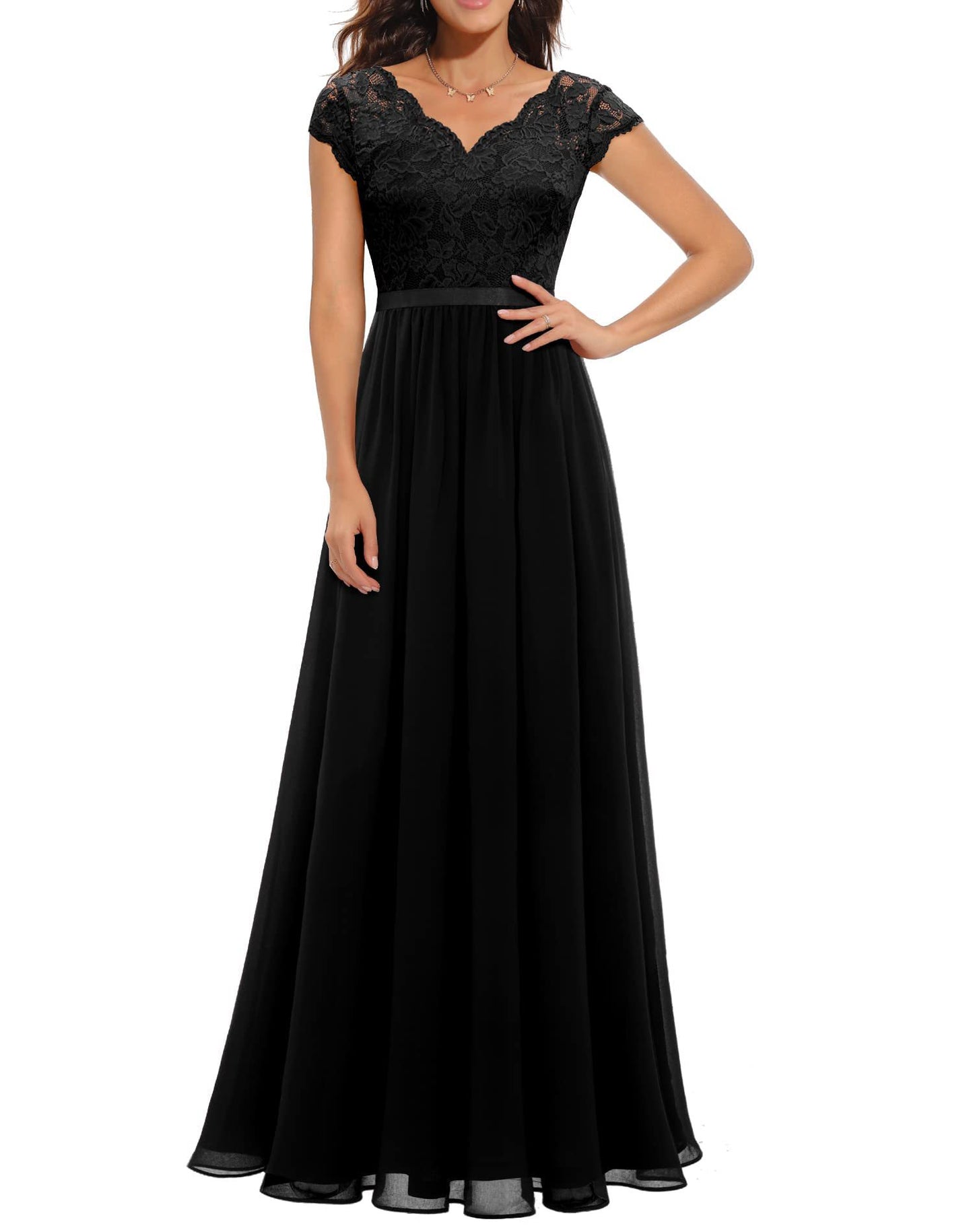 Vestido noble largo ajustado de encaje con retazos