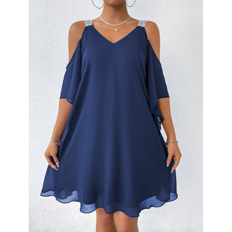 Solid-color V-neck Elegant European And American-style Dress
