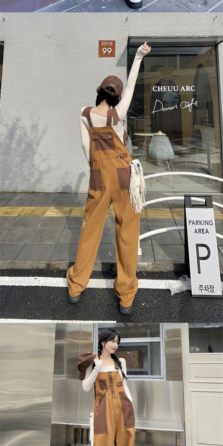 Youthful And Chic American-Style Burger Embroidery Denim Suspender Pants