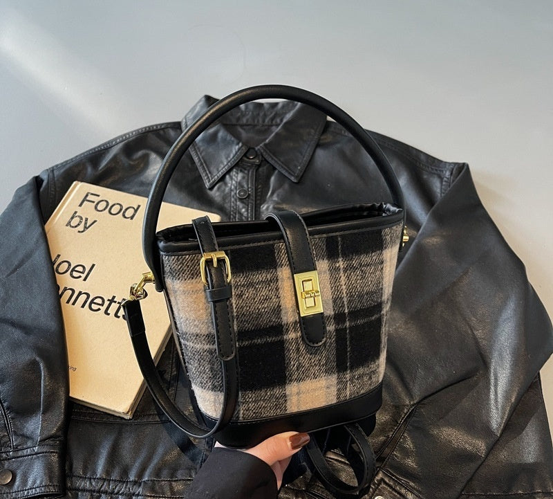 Bolso de mano estilo cubo a cuadros de ante vintage de nicho estilo coreano