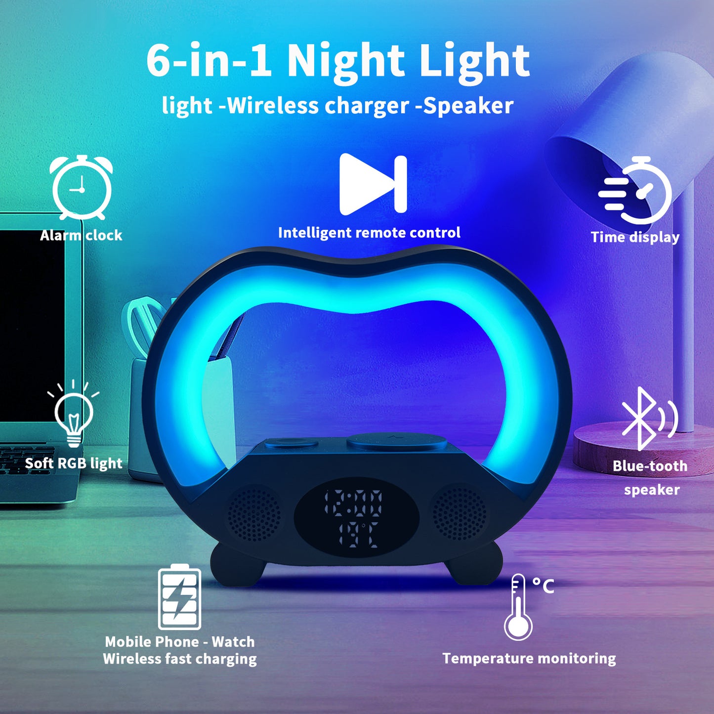 Nueva Lámpara de Mesa LED Inteligente con Ambiente de 6 Funciones en 1, Control Remoto Inteligente Compatible con Bluetooth, Cargador Inalámbrico Multifunción, Luz Nocturna y Altavoz Compatible con Bluetooth