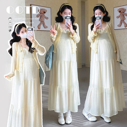 Conjunto de dos piezas de cárdigan y vestido camisero con protección solar