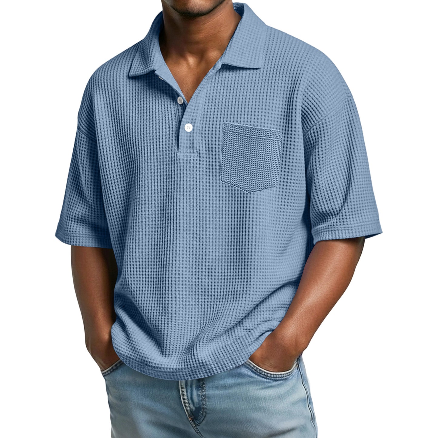 Polo de hombre de manga corta con solapa, tejido waffle y color liso