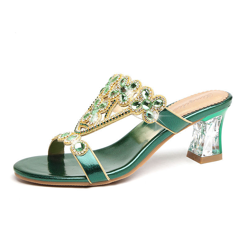 Sandalias de tacón alto con pedrería y tacón de bloque, con flores y diamantes