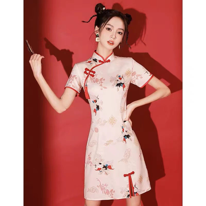 Vestido corto de dama de honor estilo cheongsam de moda nacional mejorado