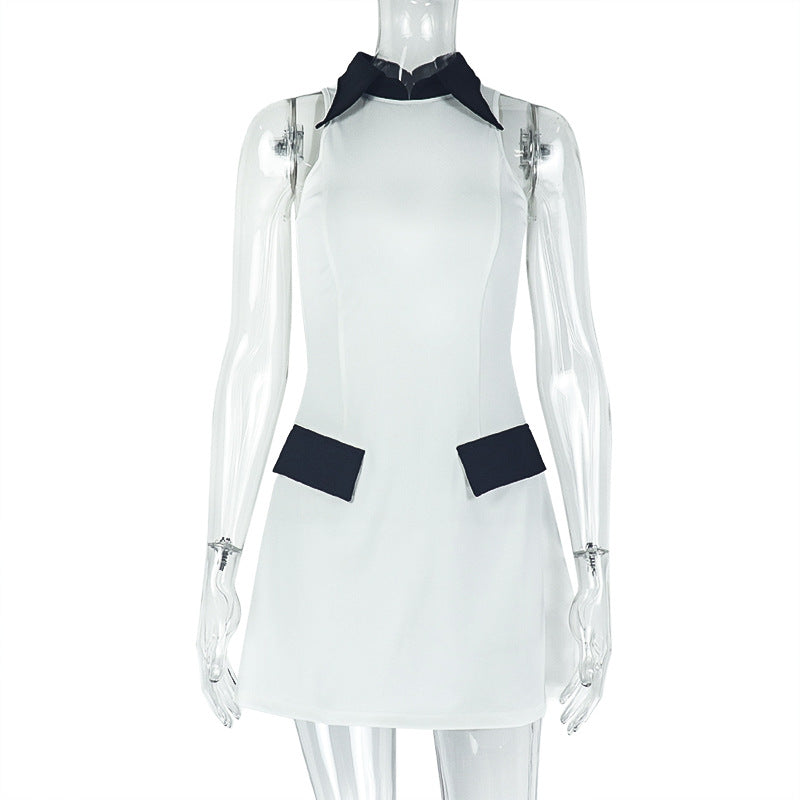 Vestido elegante blanco y negro de cuello alto para mujer