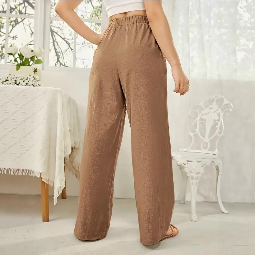 Elastic-waist Casual Solid-color Trousers