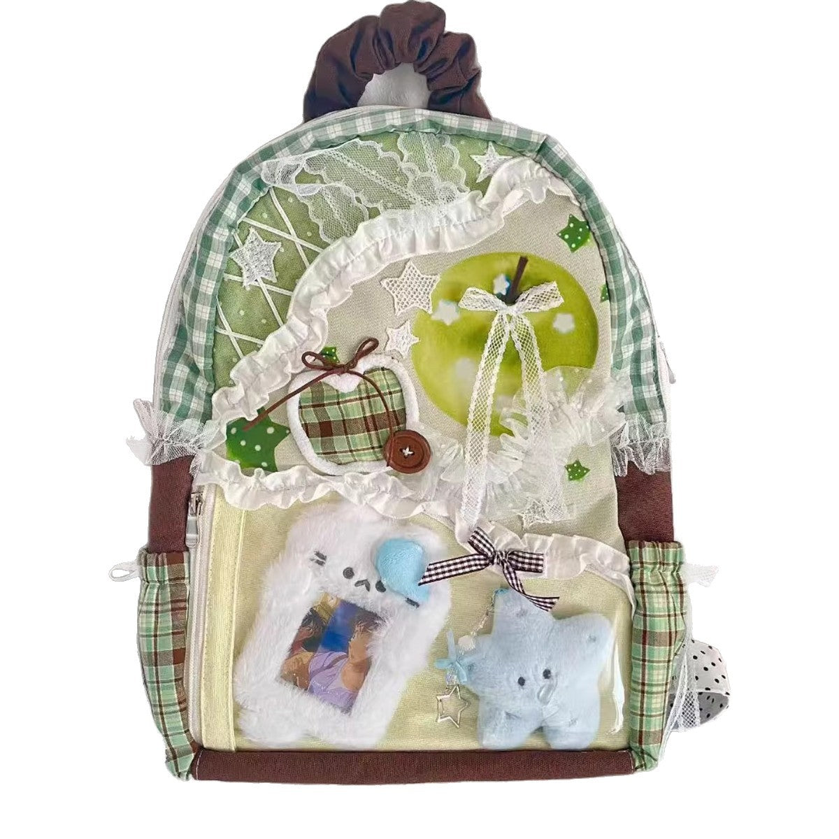 Mochila de gran capacidad de lona a cuadros con retazos de colores contrastantes