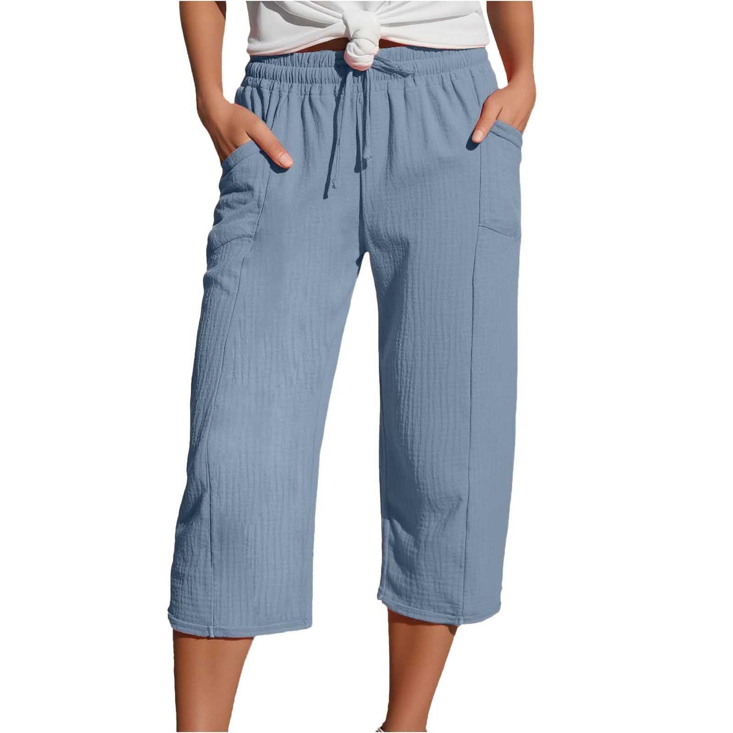 Women's Cotton-Linen Solid-Color Casual Cropped Pants With Elastic Waist