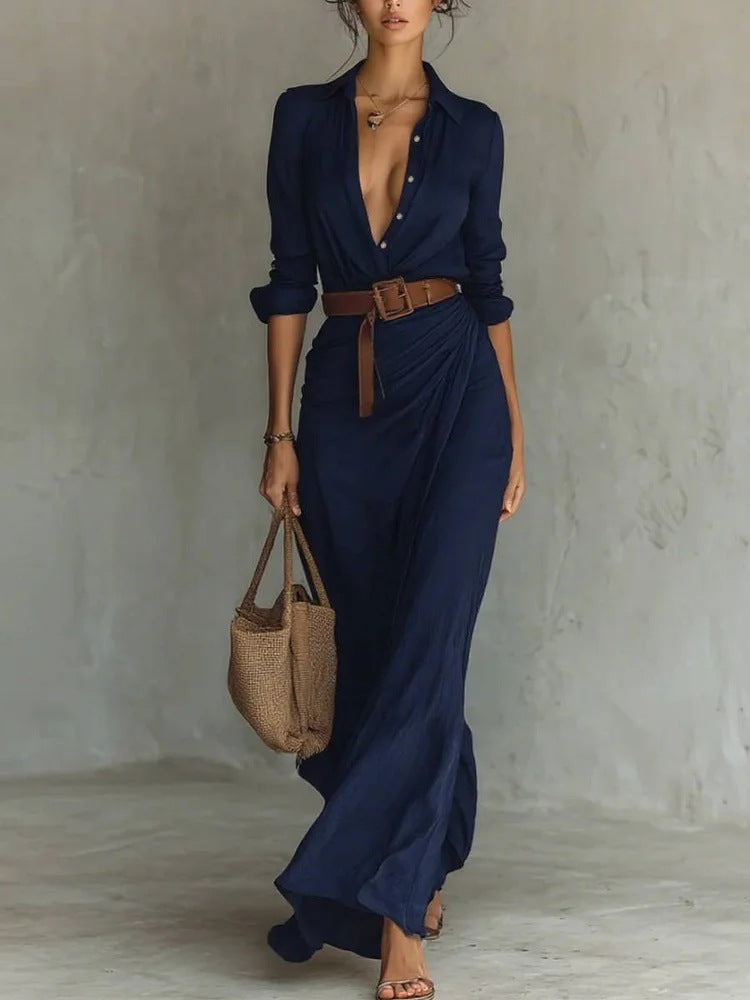 Vestido largo irregular con cinturón, camisa de manga larga con solapa de botones, moda elegante, uso diario para la oficina, ropa para mujer.