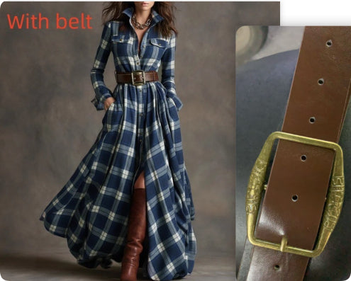Vestido largo de manga larga con estampado a cuadros Ins, bolsillos de moda, cuello, botones, camisa, vestidos largos, ropa retro para mujer