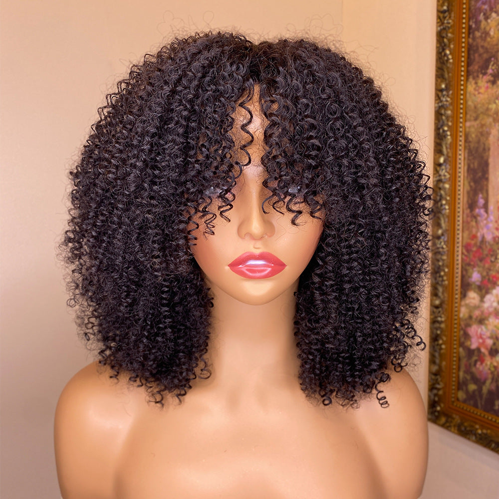 Pelucas de cabello humano rizado Kinky con flequillo