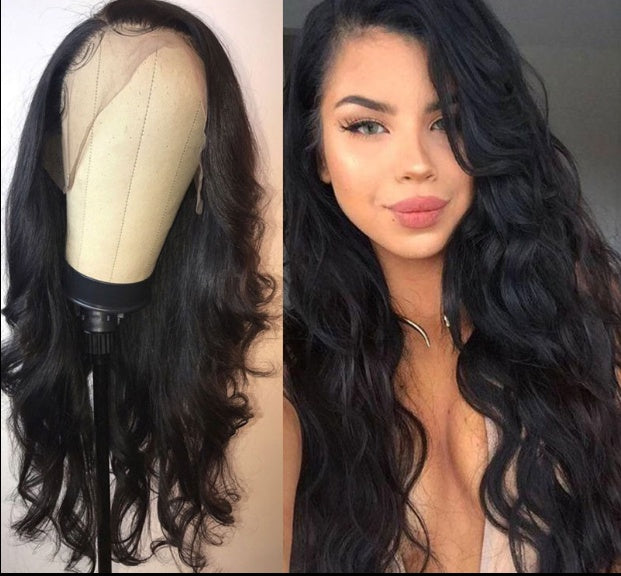 Tiro real Europa y América damas temperamento libre gran onda pelo largo rizado mullido negro encaje frontal fibra química peluca casco