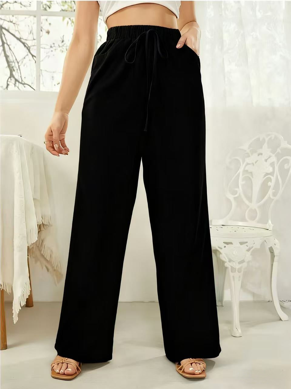 Elastic-waist Casual Solid-color Trousers