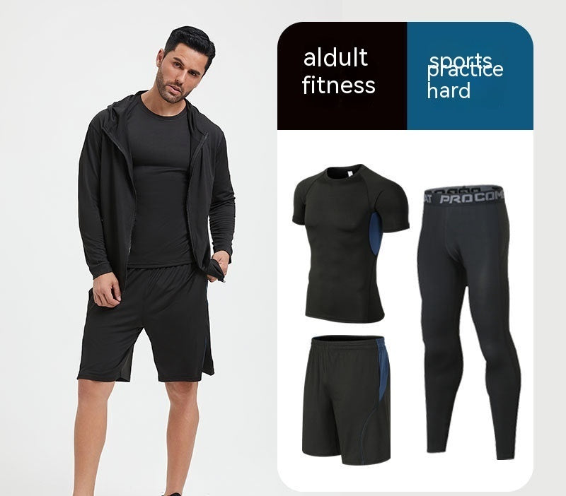 Traje de fitness para hombre, para correr por la mañana, por la noche, deportivo, de secado rápido, de cinco piezas, mallas, baloncesto, ropa de entrenamiento al por mayor