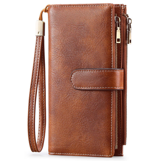 Womens Long Wallet Multi-functional Vintage Tri-fold Purse