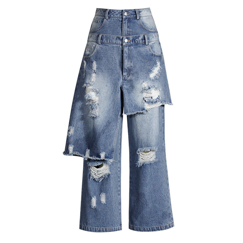 Casual Faux Two-piece Ripped Jeans