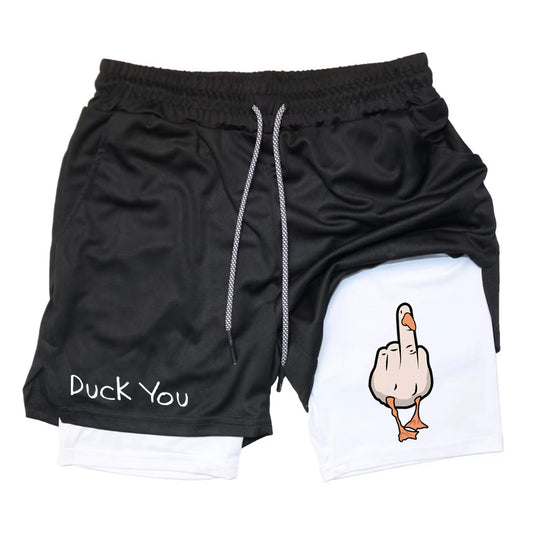 Mens Cartoon Duck Double-Layer Sports Shorts