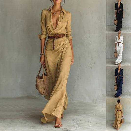 Vestido largo irregular con cinturón, camisa de manga larga con solapa de botones, moda elegante, uso diario para la oficina, ropa para mujer.