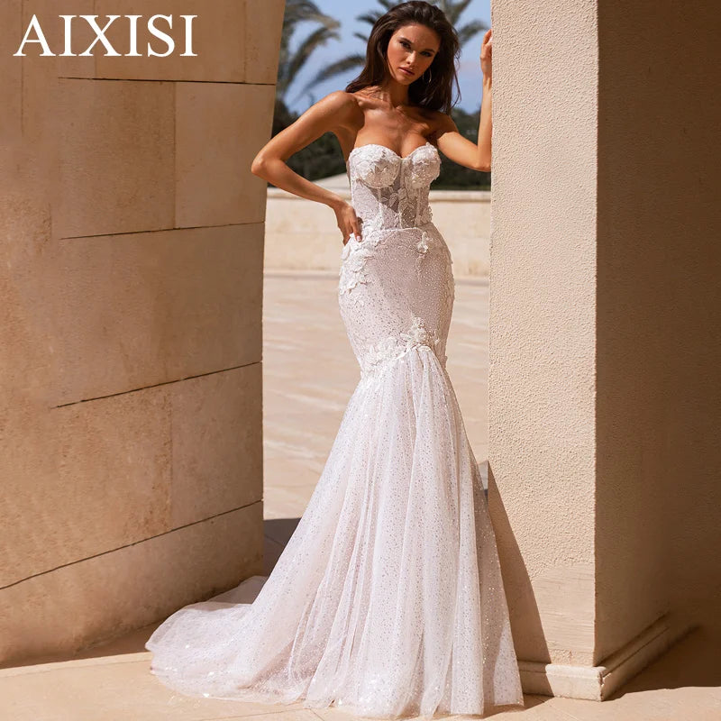 Osquernovia Fashion Mermaid Wedding Dress 2024 Sequins Appliques Sweetheart Backless Glitter Tulle Real Picture Robe De Mariée