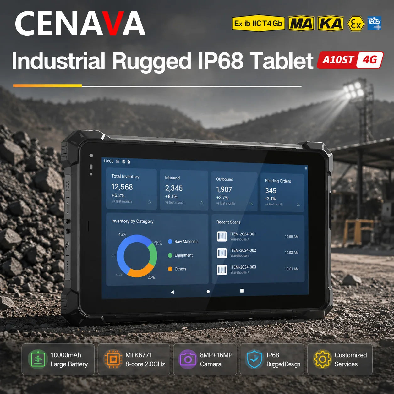 CENAVA A10ST 10.1inch Rugged Tablet MTK6771 Android10 4G NFC WiFi BT IP68 Industrial Custom ID/UHF/2D Scanner Explosion Proof