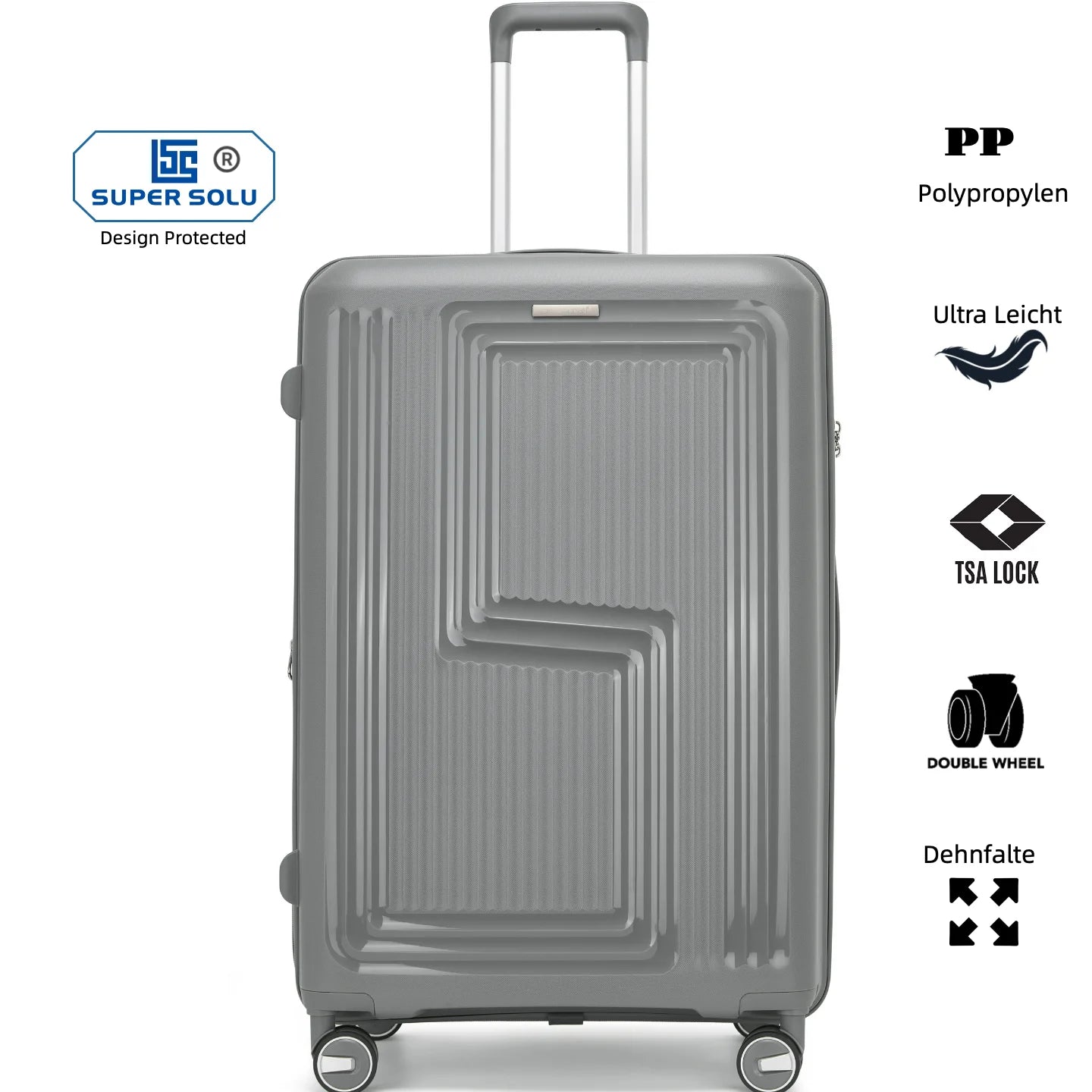 SUPER SOLU Hardshell Trolley Hand Luggage Suitcase PP Polypropylene, Expandable Hardshell Suitcase, Light Gray, 4 Double Wheels, Lightweight & Durable, TSA Combination Lock – Shipped from Germany