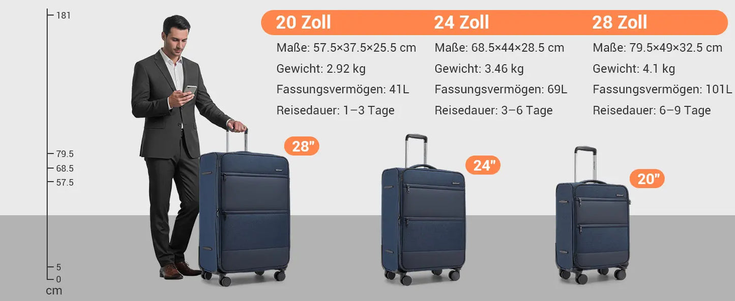 British Traveller Expandable Case, Ultra Light fabric, fabric suitcase with Volume Extension, TSA Lock (S/M/L)
