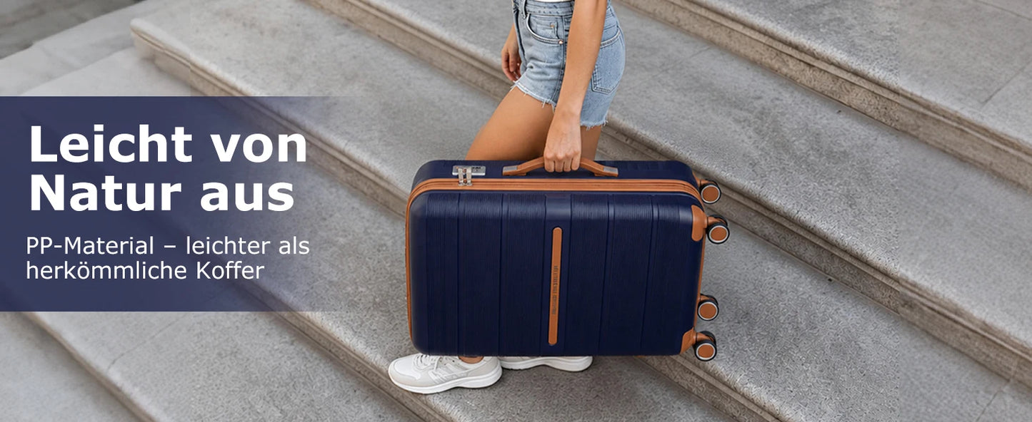 British Traveller 3 Piece Case Set 100% PP 8 Spinner Wheels TSA Lock Hard-Shell hand luggage Dark Blue