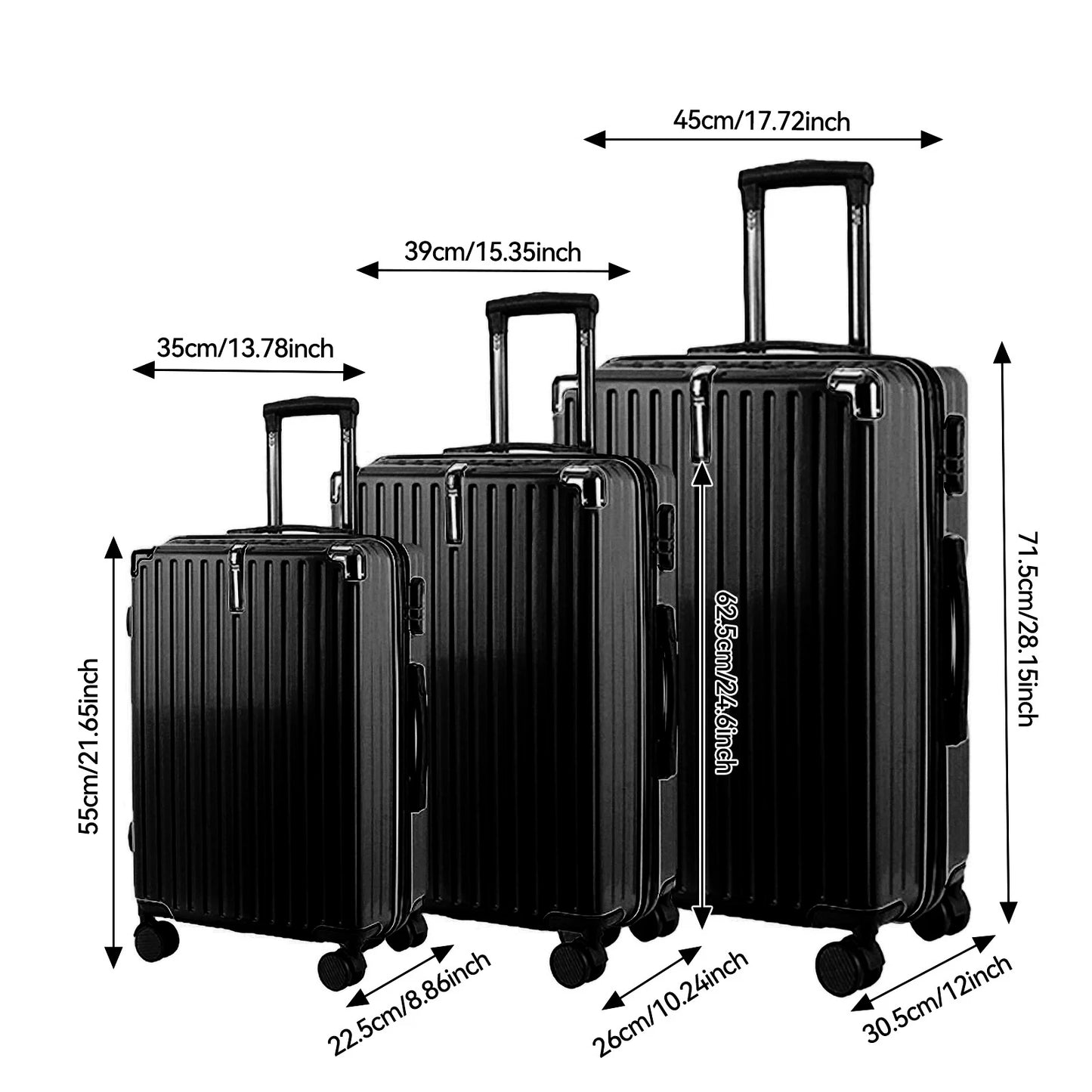 Rosahqnda 3-Piece TSA Lock ABS Black suitcase Hardshell Trolley Case M/L/XL Set