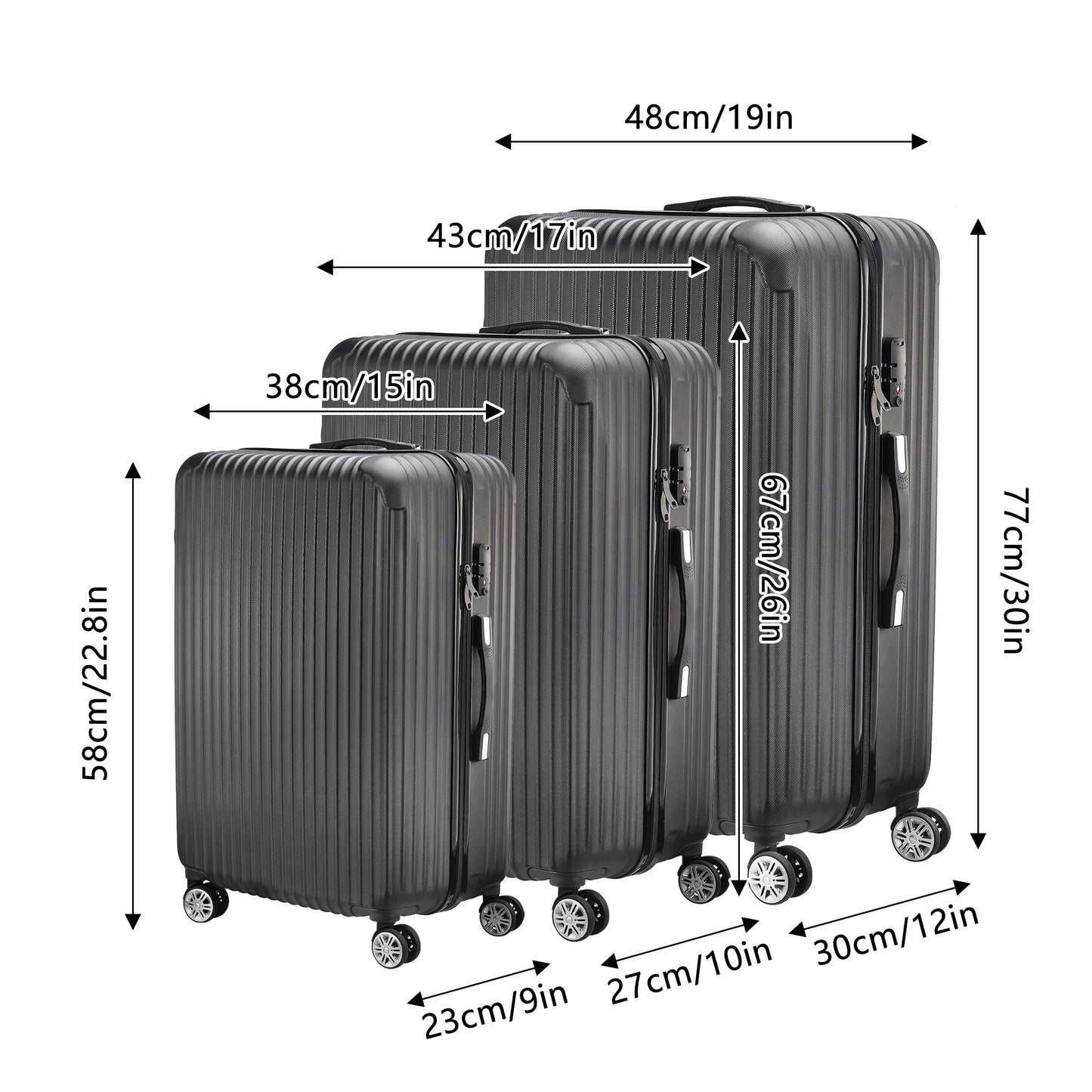 Rosahqnda 3-Piece TSA Lock ABS Black suitcase Hardshell Trolley Case M/L/XL Set