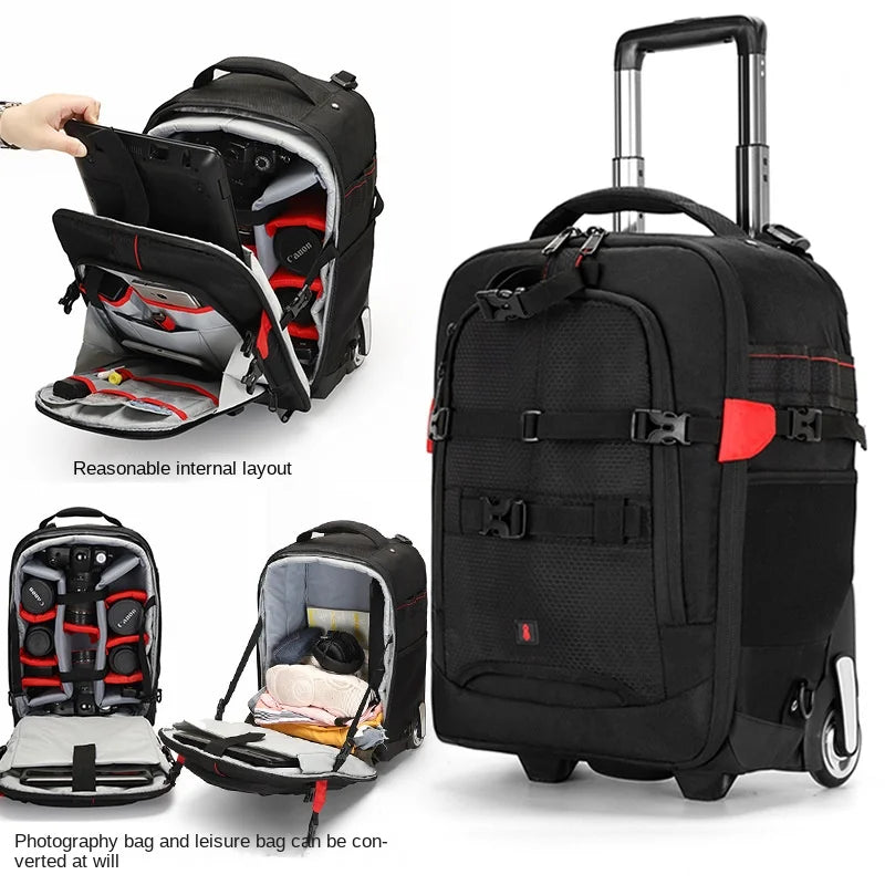 Multifunctional Rolling Camera Bag Double-shoulder Camera Bag Rolling Carry-on Suitcase Waterproof Video Camera Luggage
