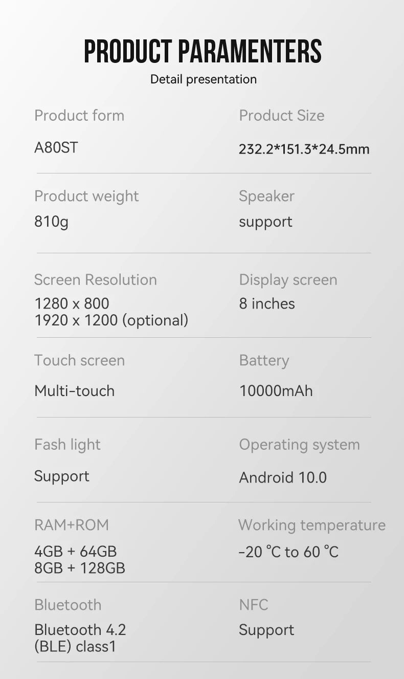 CENAVA A80ST 8inch Rugged Tablet MTK6771 Android10 10000mAh Battery IP68 Industrial Custom 5G/NFC/2D Scanner Explosion Proof