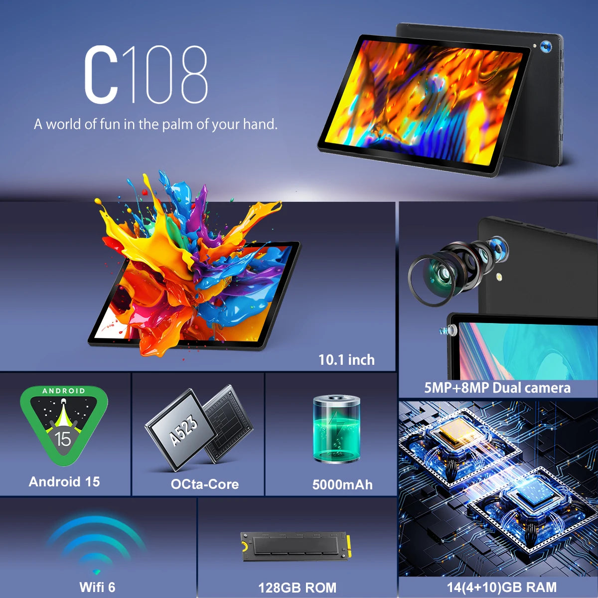 BUFO Tablet,10" Android 15 Tablet with Octa-core Processor 24GB RAM 128GB ROM HD IPS Touchscreen 8H Battery, Wi-Fi 6, BT 5.0, Dual Camera, Android Tablets with Keyboard Mouse Stylus Case Headphone