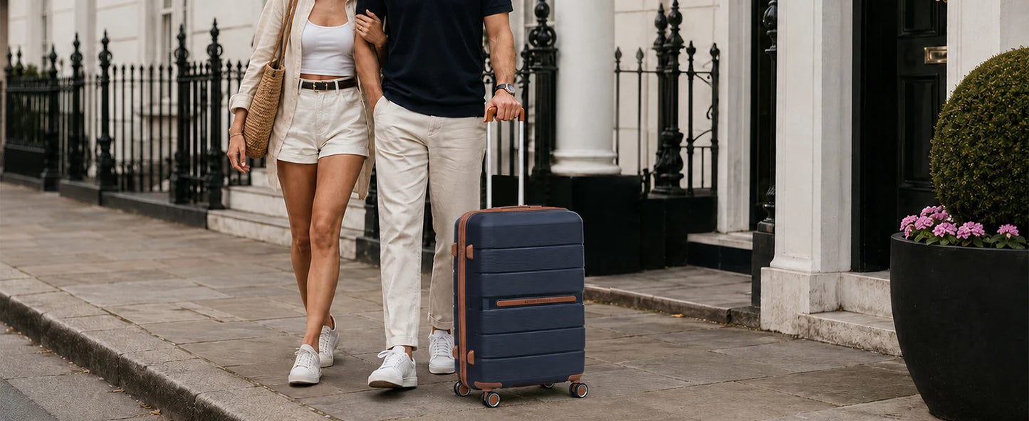 British Traveller 3 Piece Case Set 100% PP 8 Spinner Wheels TSA Lock Hard-Shell hand luggage Dark Blue
