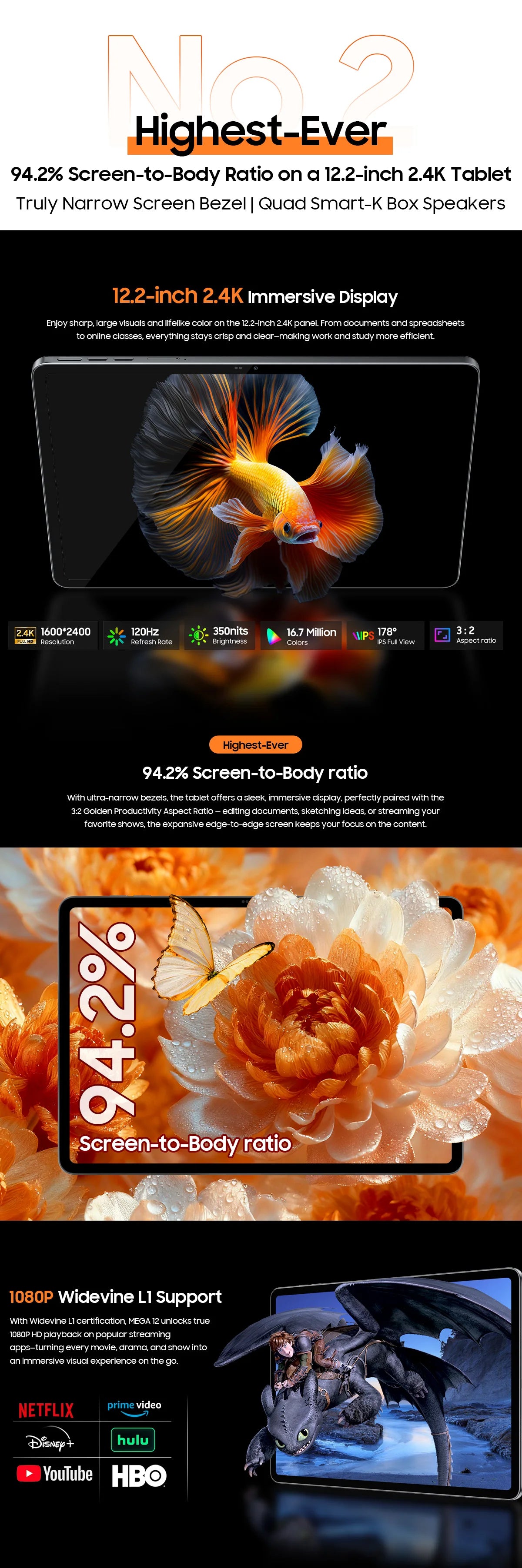 Blackview MEGA 12 Tablet Android 16 5G 12.2" 2.4K 120Hz Display Dimensity 7200 CPU IP69K Waterproof 50MP Cameras 10000mAh Pad PC