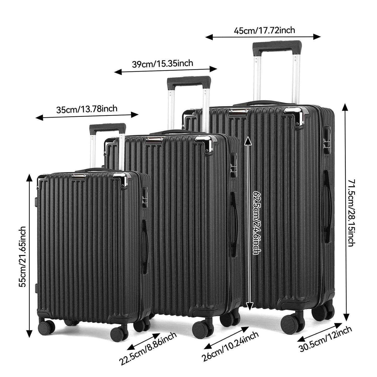 Rosahqnda 3-Piece TSA Lock ABS Black suitcase Hardshell Trolley Case M/L/XL Set