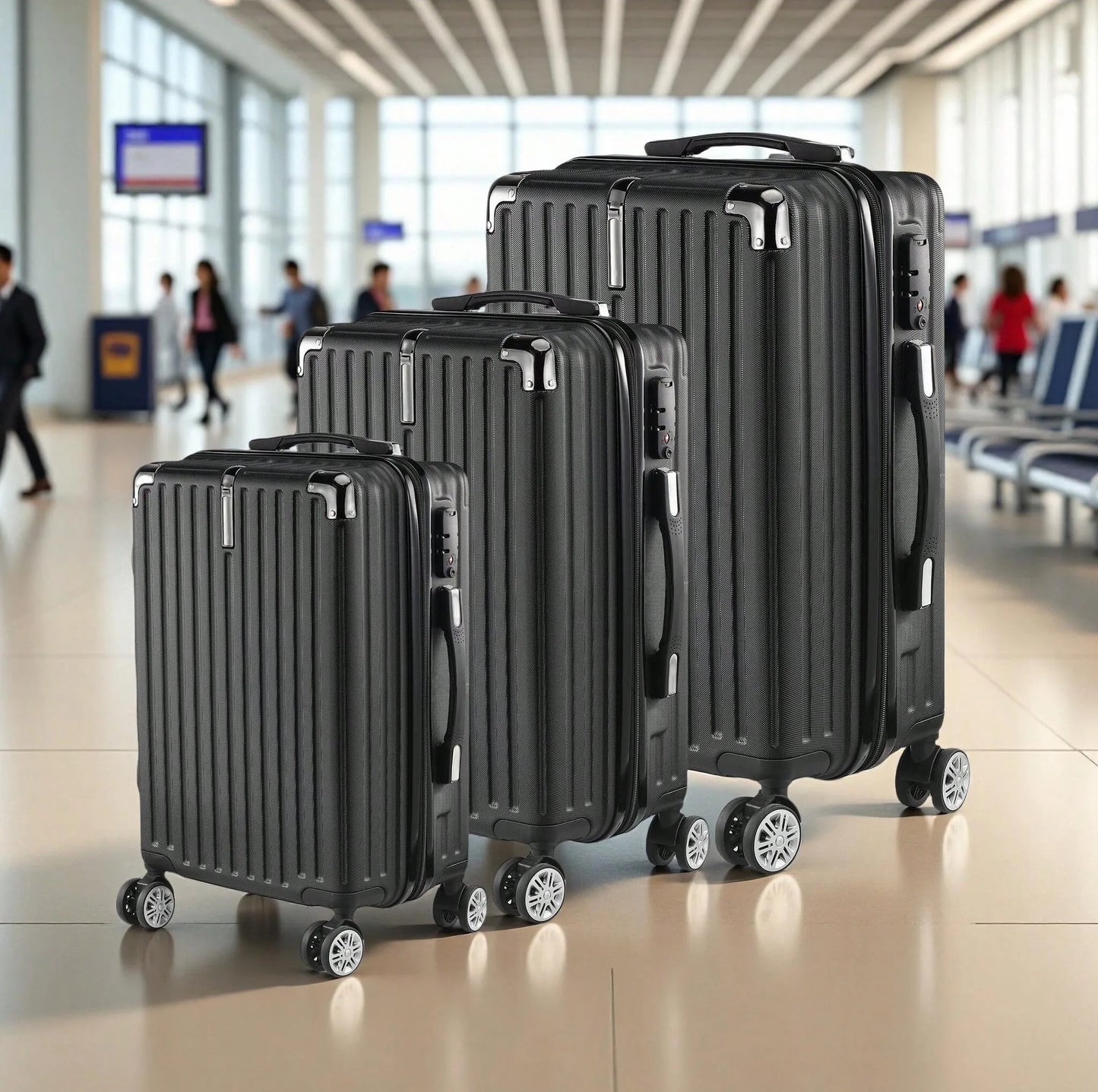 Rosahqnda 3-Piece TSA Lock ABS Black suitcase Hardshell Trolley Case M/L/XL Set